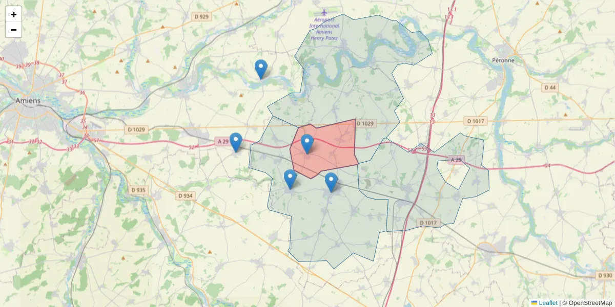 Carte de la zone du code postal  et des codes postaux voisins en France