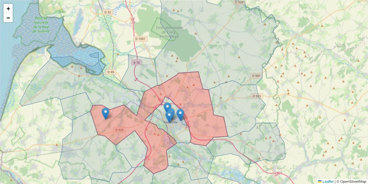 Carte de la zone du code postal  et des codes postaux voisins en France