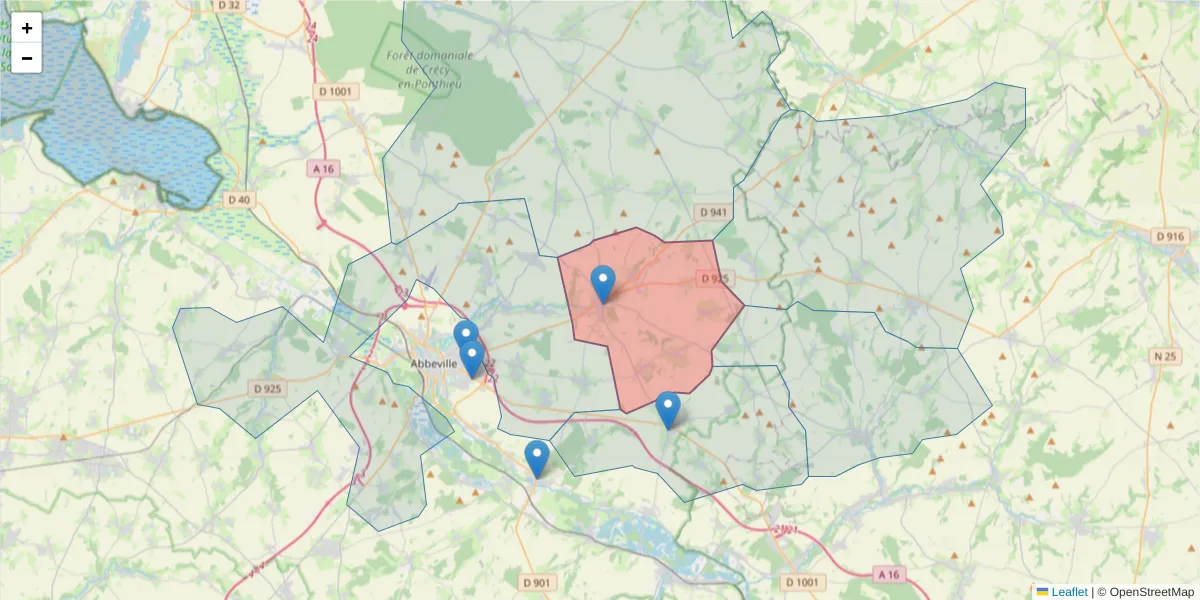 Carte de la zone du code postal  et des codes postaux voisins en France