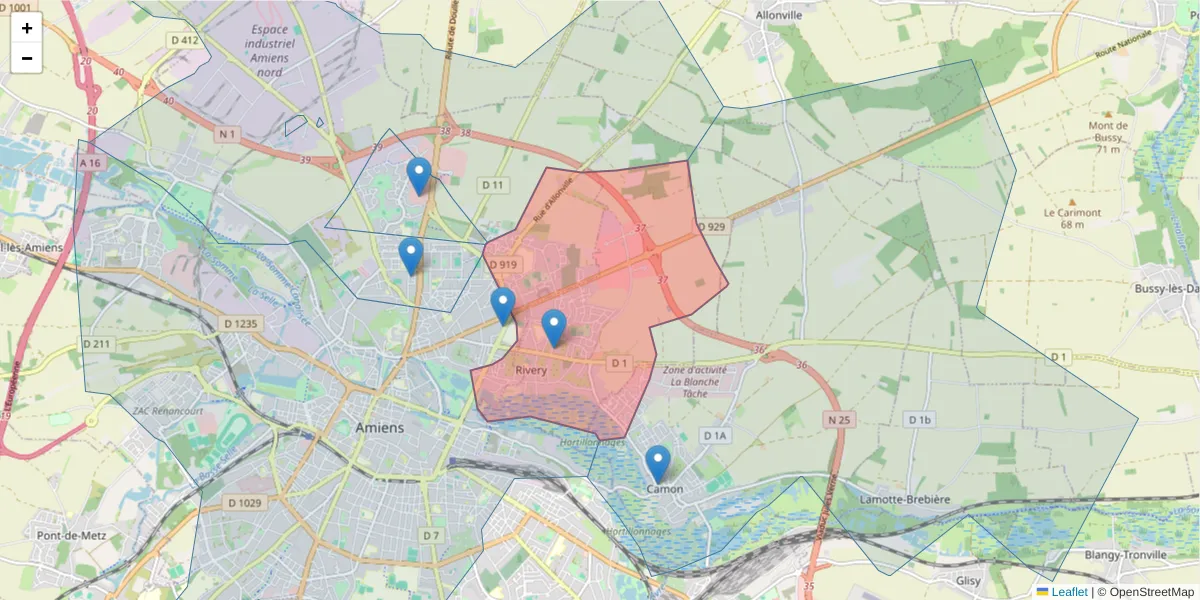 Carte de la zone du code postal  et des codes postaux voisins en France