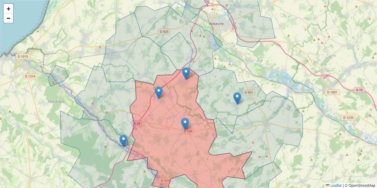 Carte de la zone du code postal  et des codes postaux voisins en France