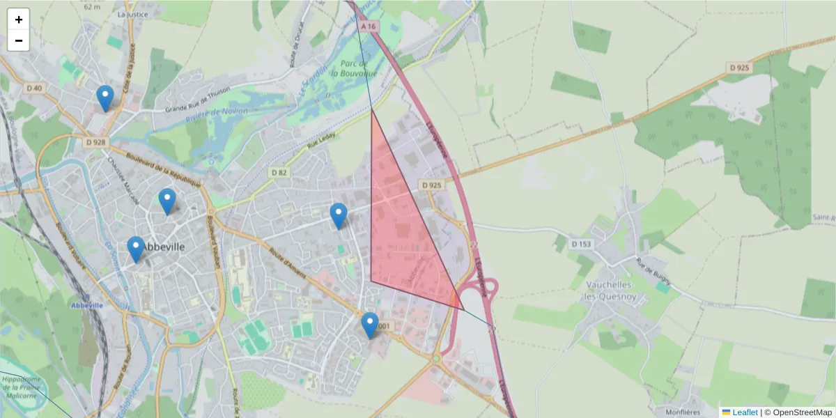 Carte de la zone du code postal  et des codes postaux voisins en France