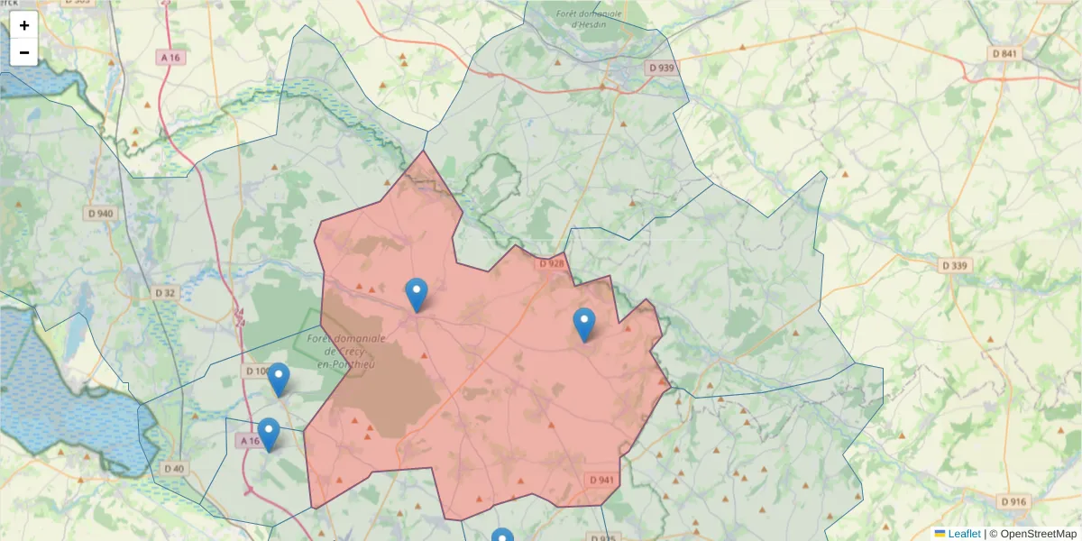 Carte de la zone du code postal  et des codes postaux voisins en France