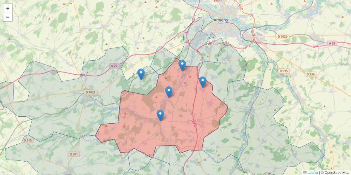 Carte de la zone du code postal  et des codes postaux voisins en France
