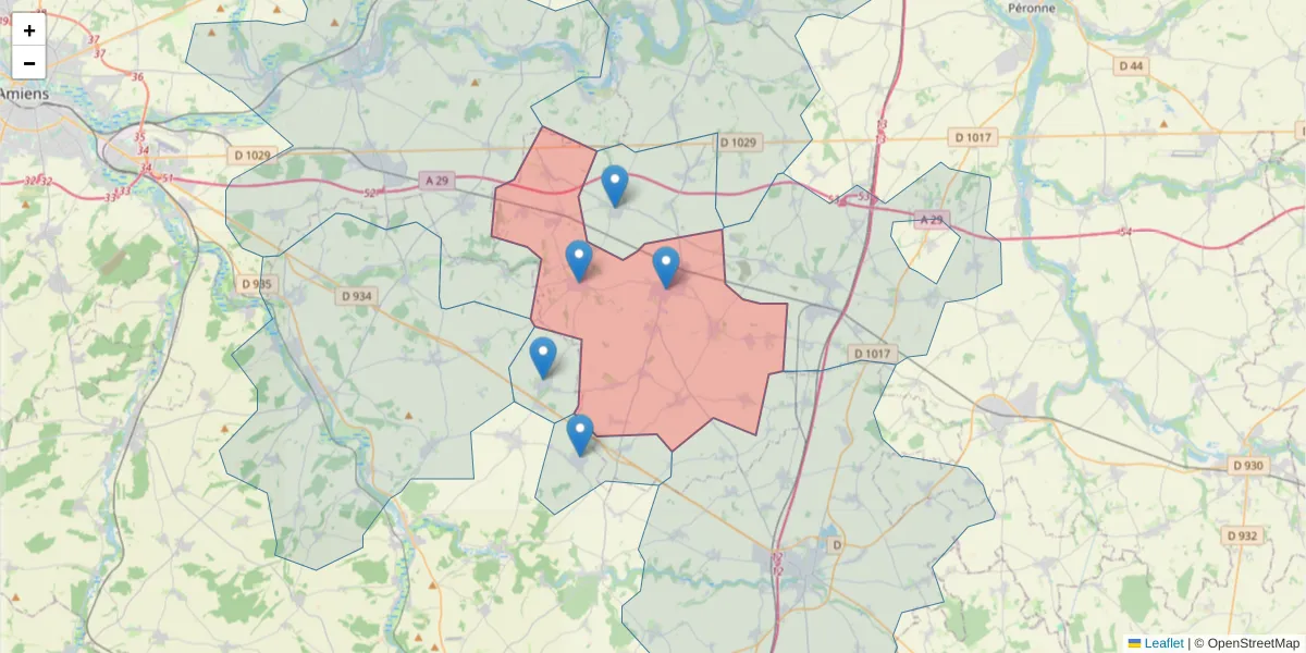 Carte de la zone du code postal  et des codes postaux voisins en France