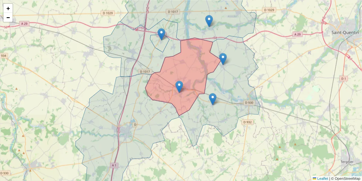 Carte de la zone du code postal  et des codes postaux voisins en France