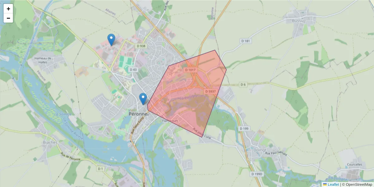 Carte de la zone du code postal  et des codes postaux voisins en France