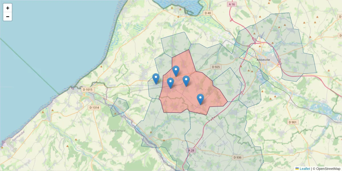 Carte de la zone du code postal  et des codes postaux voisins en France