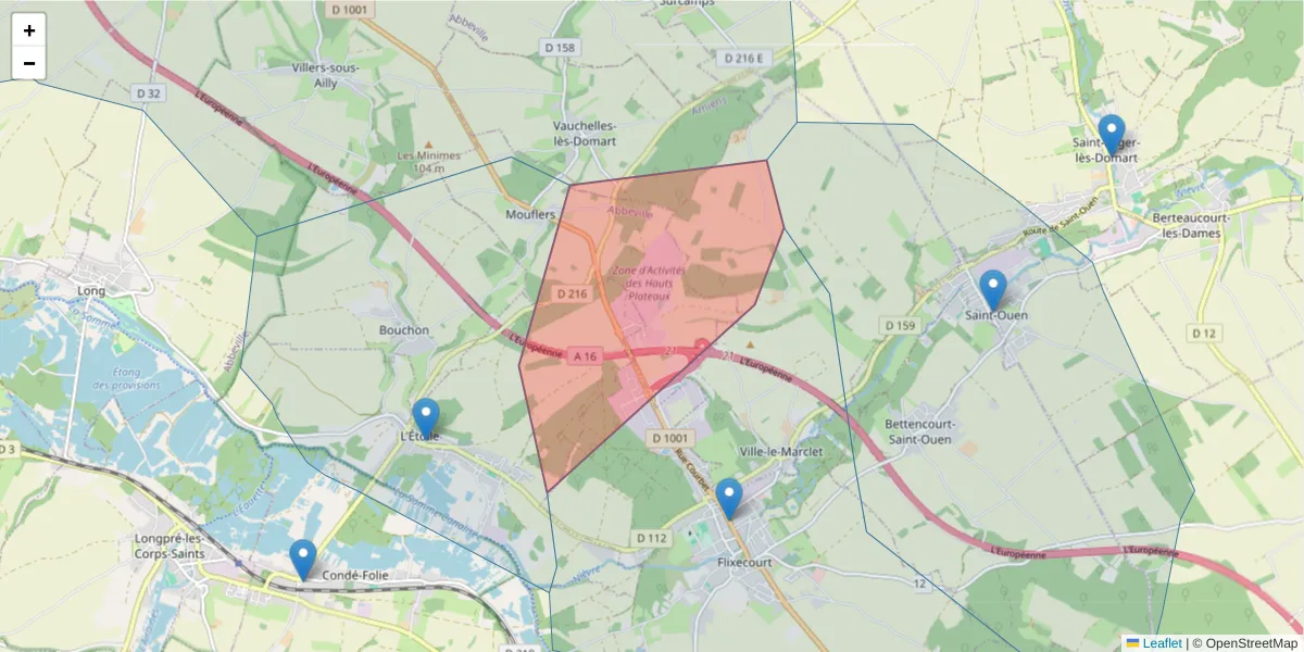 Carte de la zone du code postal  et des codes postaux voisins en France