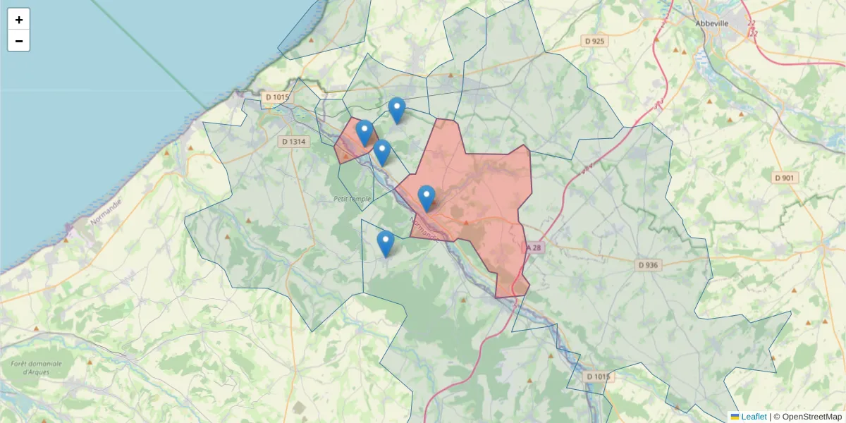 Carte de la zone du code postal  et des codes postaux voisins en France