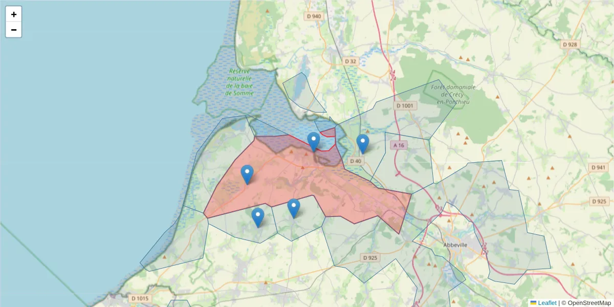 Carte de la zone du code postal  et des codes postaux voisins en France