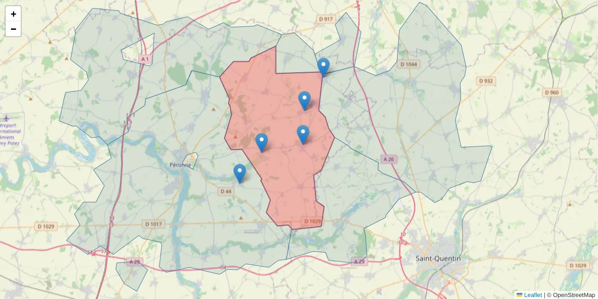 Carte de la zone du code postal  et des codes postaux voisins en France
