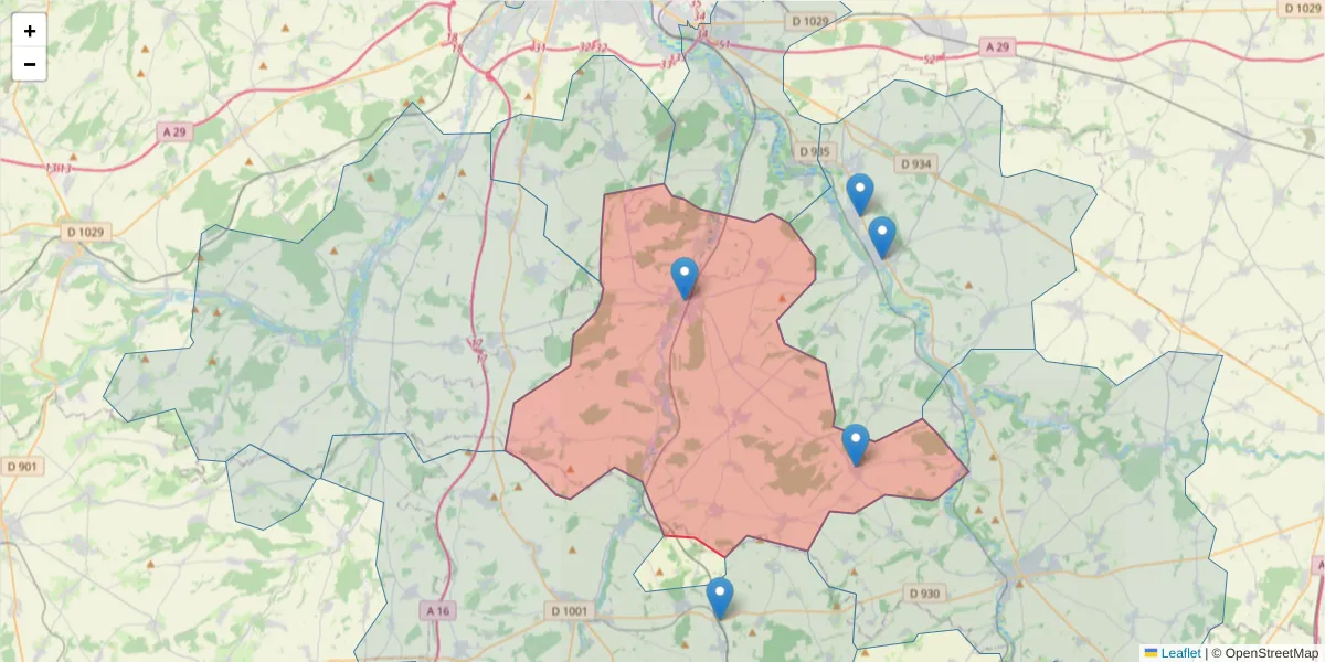 Carte de la zone du code postal  et des codes postaux voisins en France