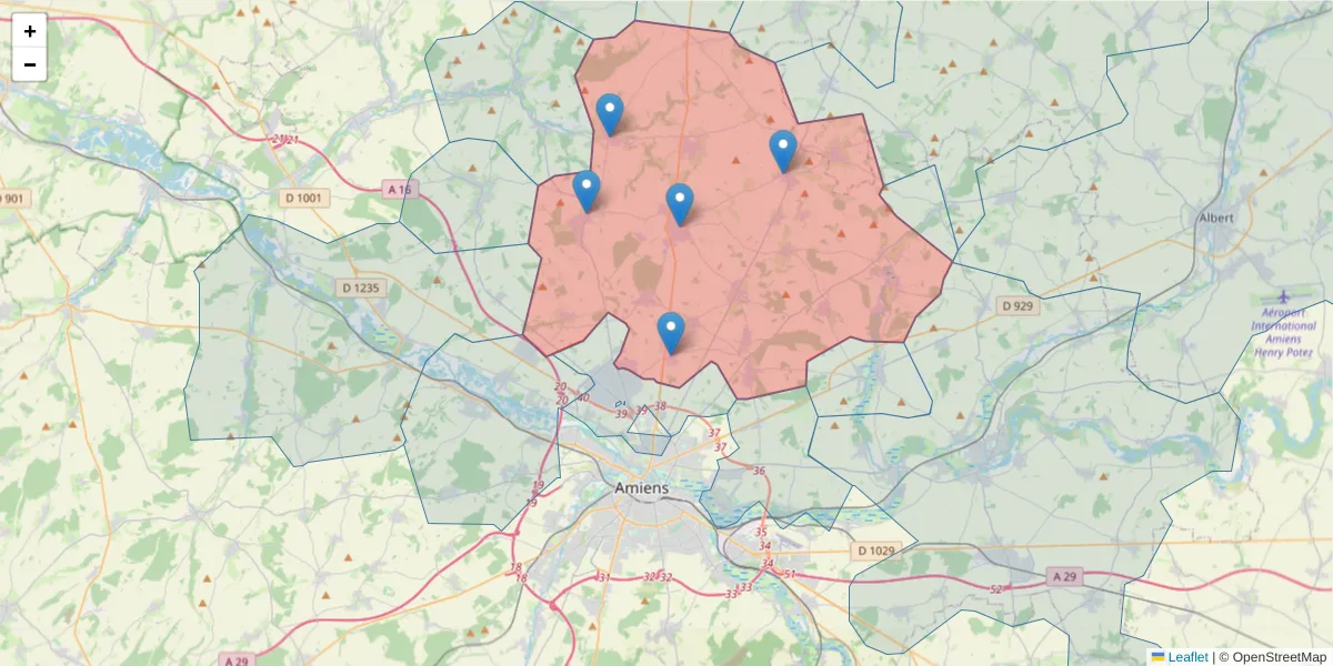 Carte de la zone du code postal  et des codes postaux voisins en France
