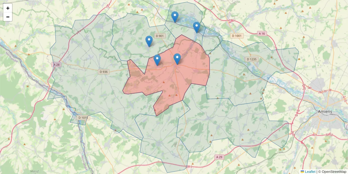 Carte de la zone du code postal  et des codes postaux voisins en France