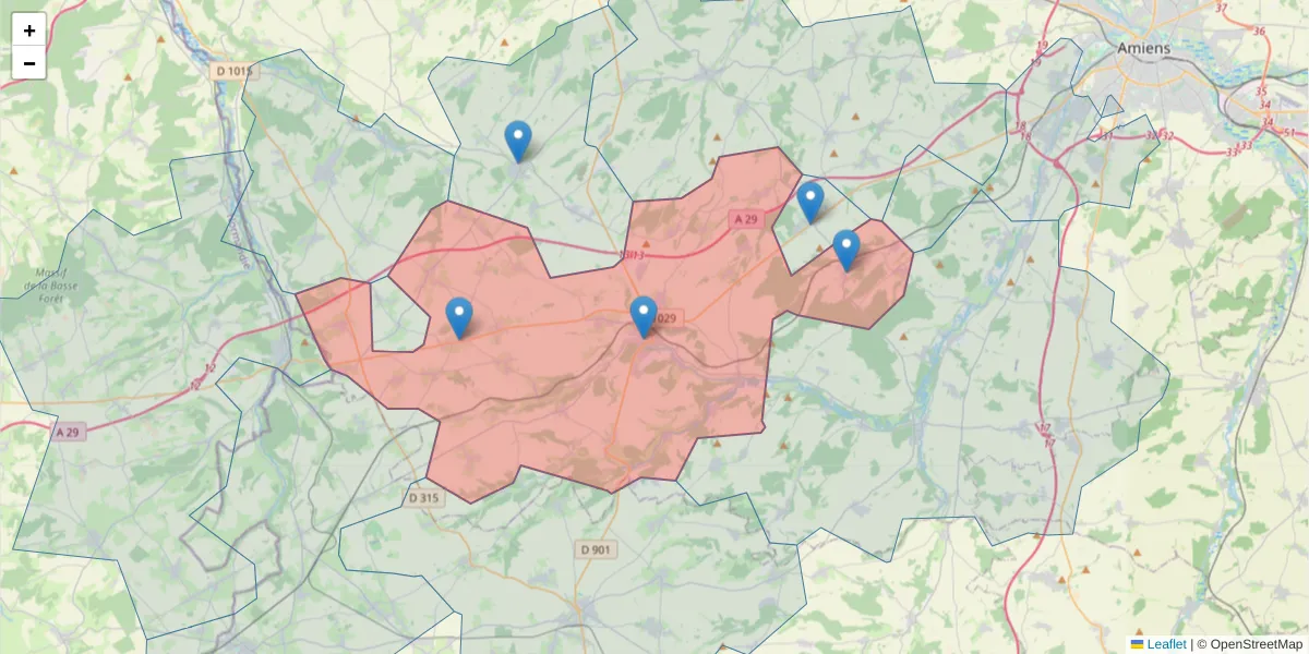 Carte de la zone du code postal  et des codes postaux voisins en France