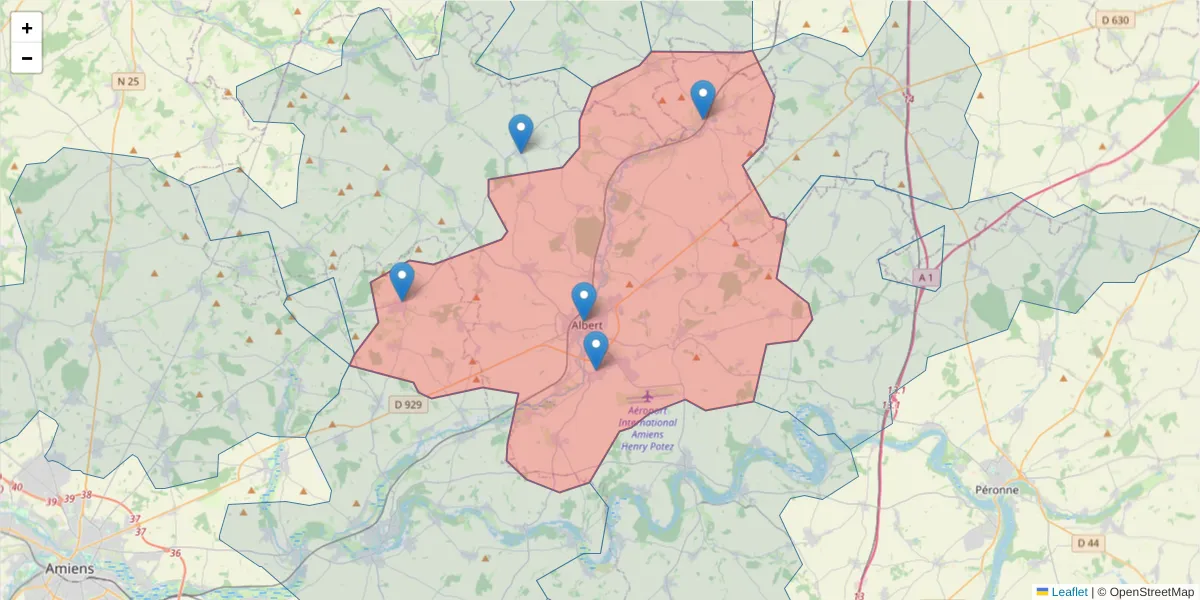 Carte de la zone du code postal  et des codes postaux voisins en France