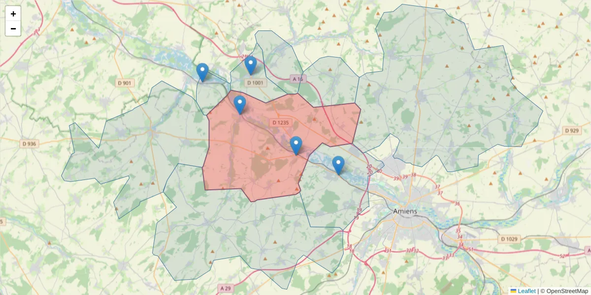 Carte de la zone du code postal  et des codes postaux voisins en France