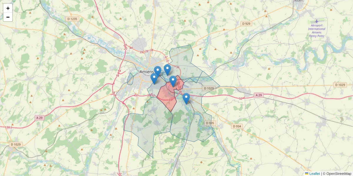 Carte de la zone du code postal  et des codes postaux voisins en France