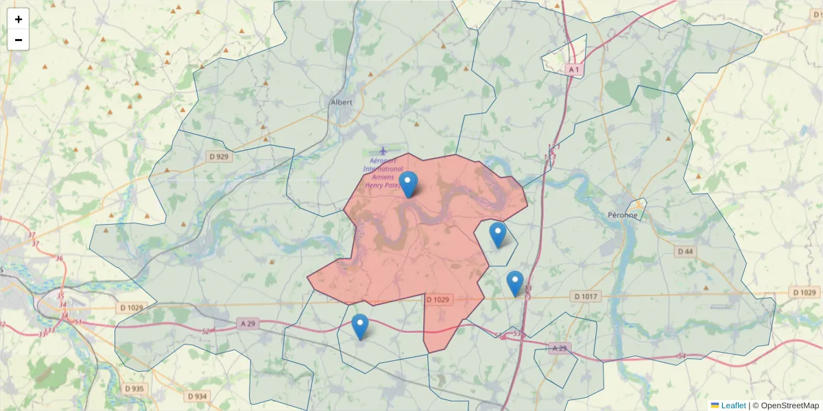 Carte de la zone du code postal  et des codes postaux voisins en France