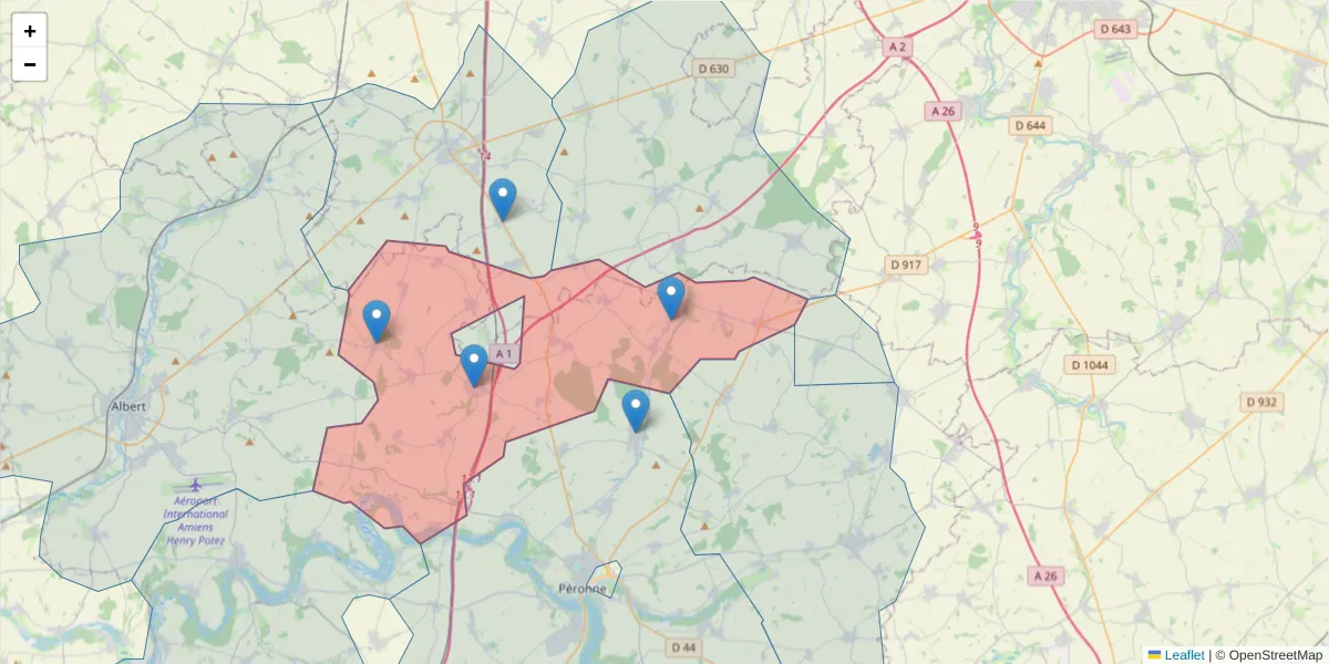 Carte de la zone du code postal  et des codes postaux voisins en France