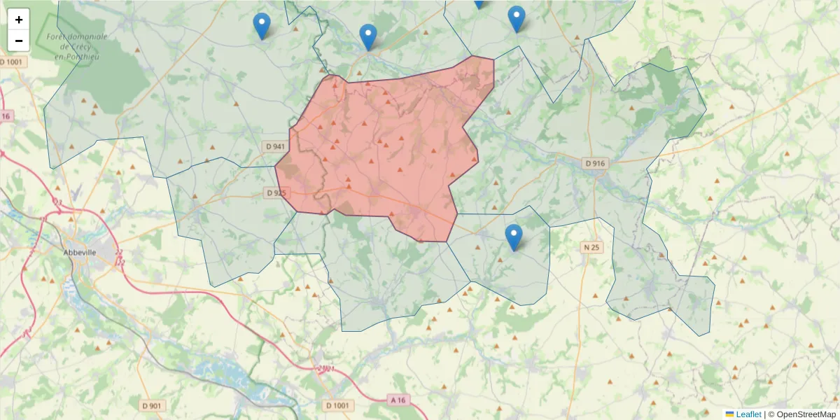 Carte de la zone du code postal  et des codes postaux voisins en France