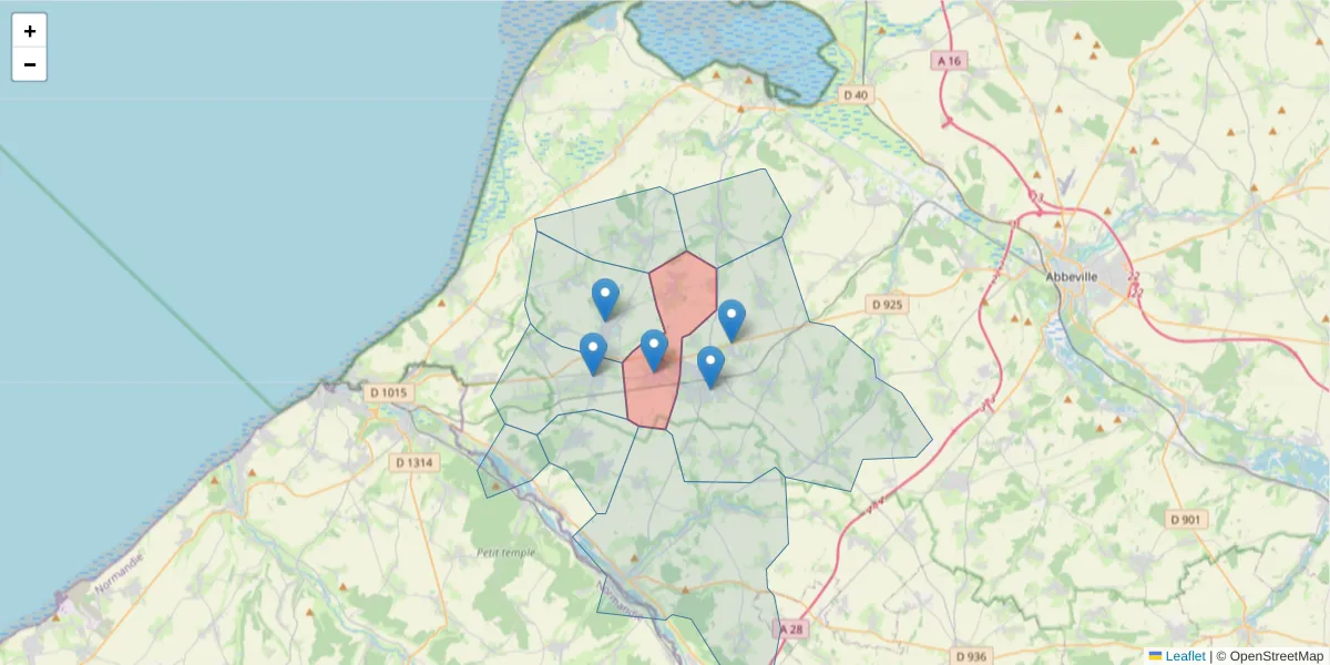 Carte de la zone du code postal  et des codes postaux voisins en France
