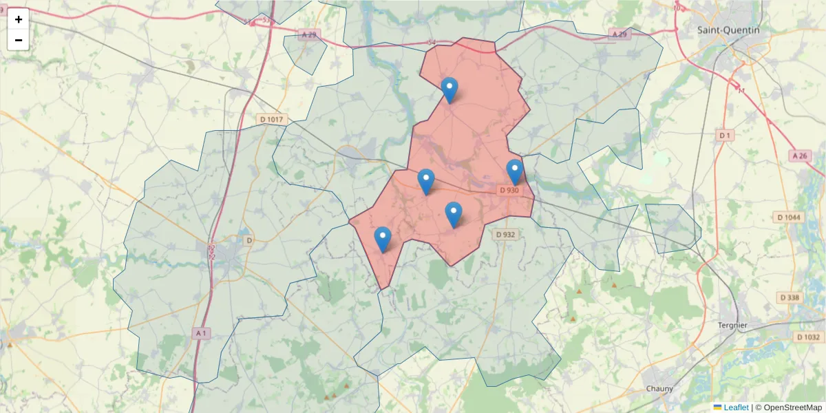 Carte de la zone du code postal  et des codes postaux voisins en France