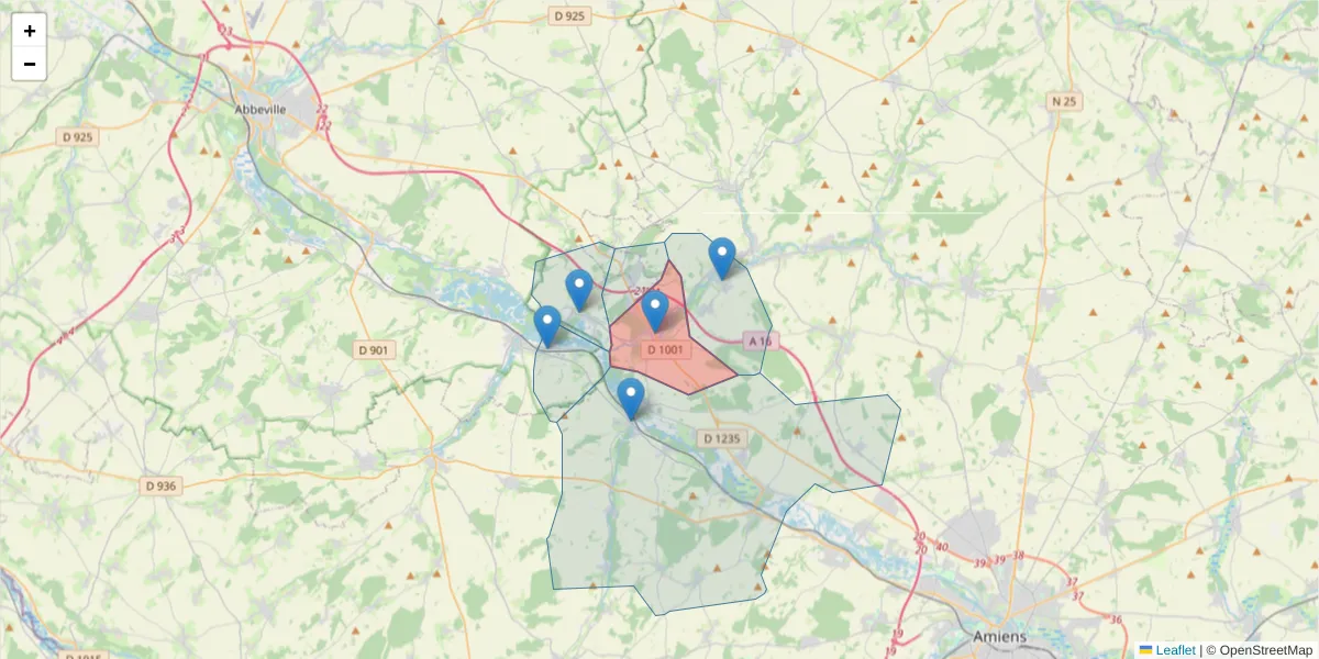 Carte de la zone du code postal  et des codes postaux voisins en France