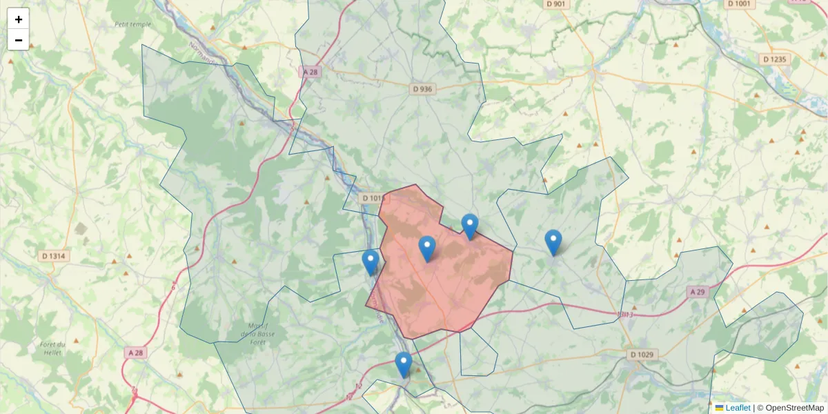 Carte de la zone du code postal  et des codes postaux voisins en France
