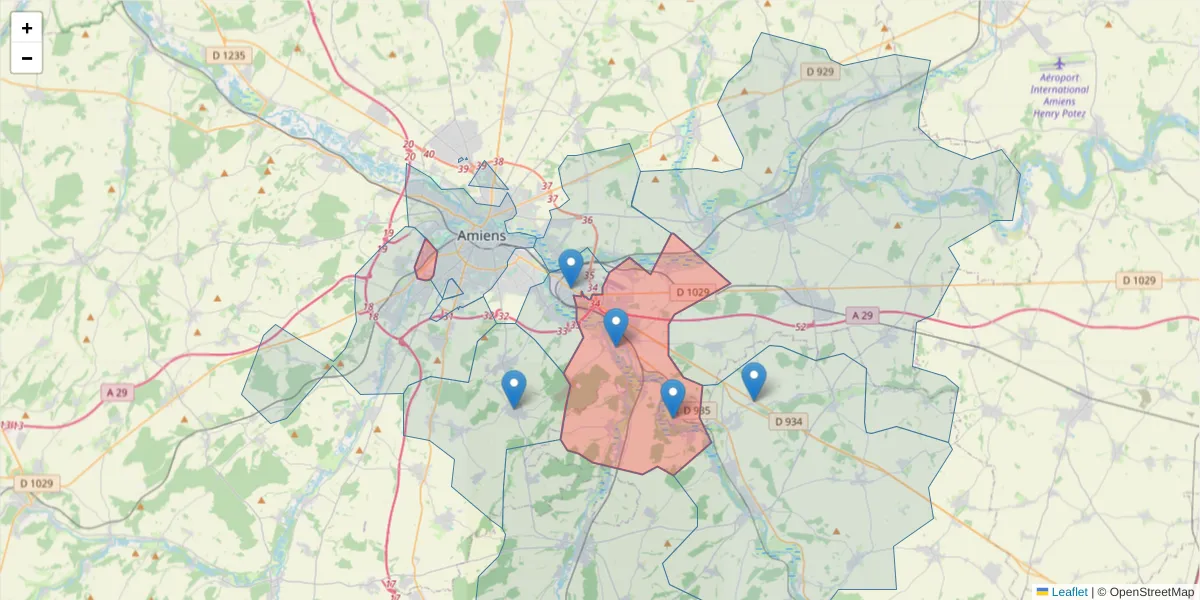 Carte de la zone du code postal  et des codes postaux voisins en France