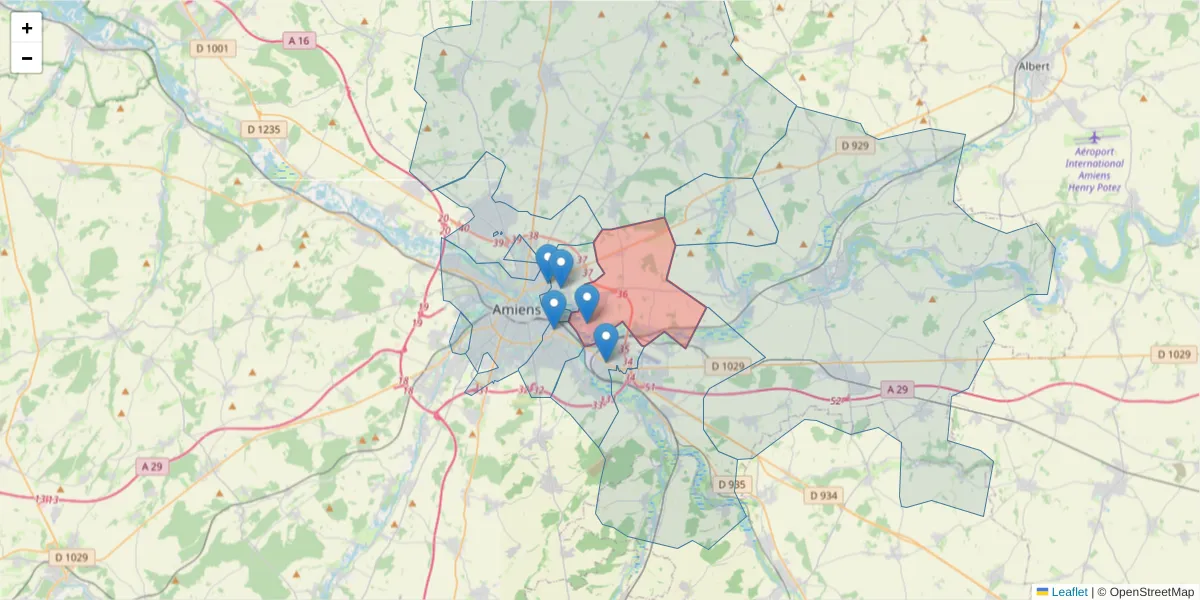 Carte de la zone du code postal  et des codes postaux voisins en France