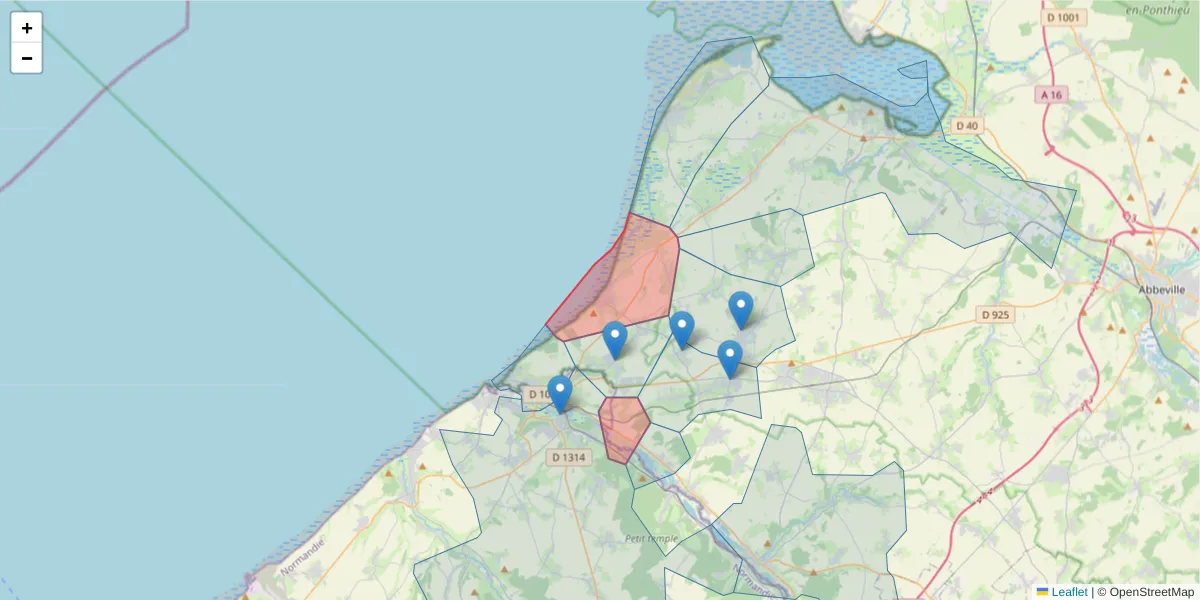Carte de la zone du code postal  et des codes postaux voisins en France