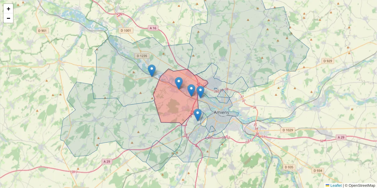 Carte de la zone du code postal  et des codes postaux voisins en France