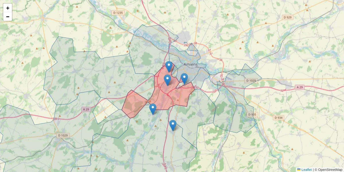 Carte de la zone du code postal  et des codes postaux voisins en France