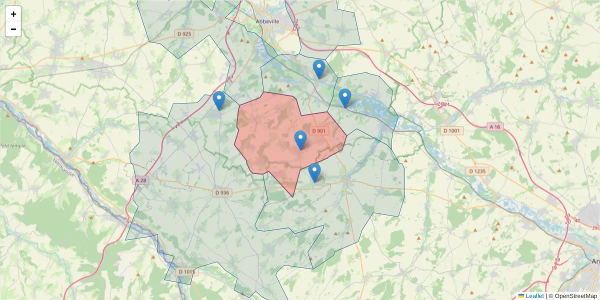 Carte de la zone du code postal  et des codes postaux voisins en France