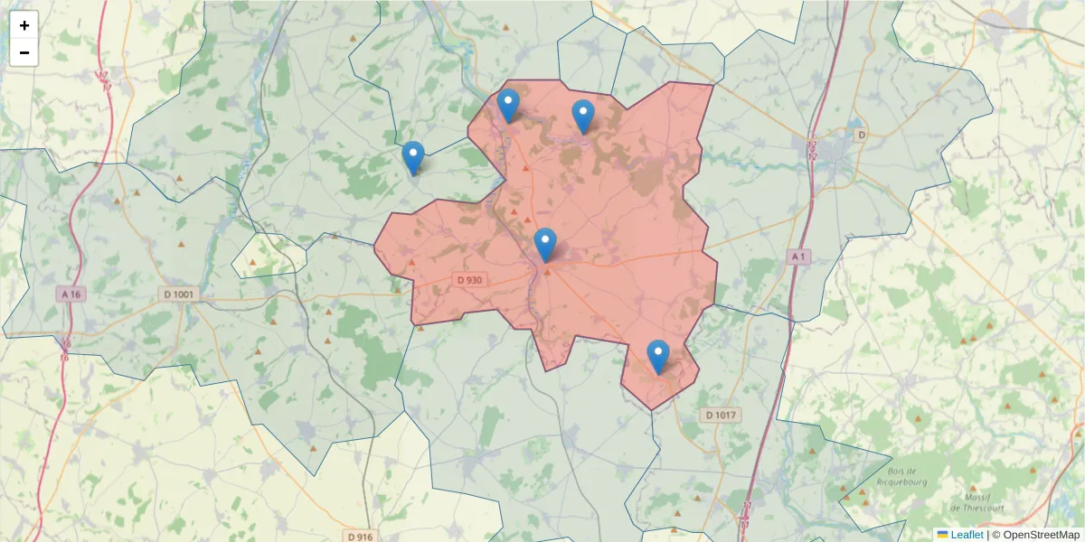 Carte de la zone du code postal  et des codes postaux voisins en France