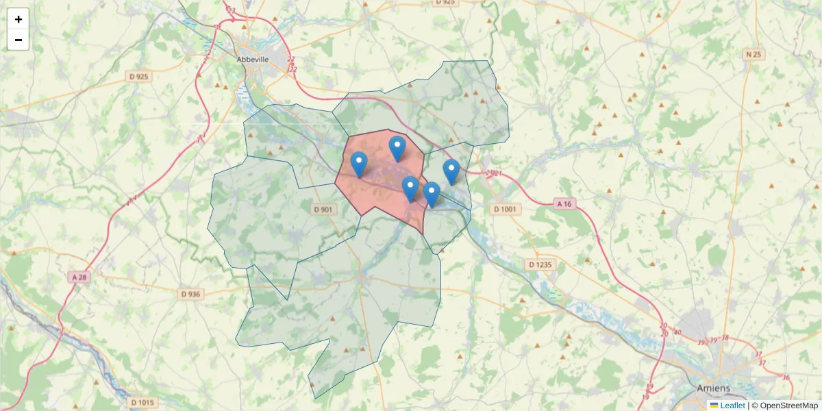 Carte de la zone du code postal  et des codes postaux voisins en France
