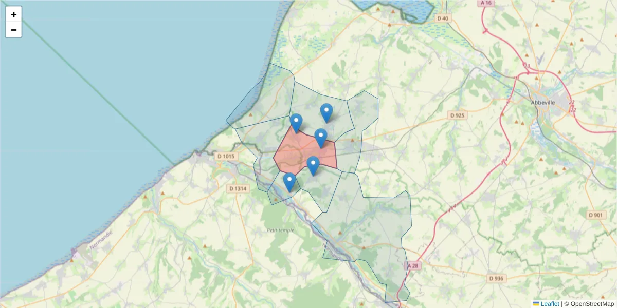 Carte de la zone du code postal  et des codes postaux voisins en France