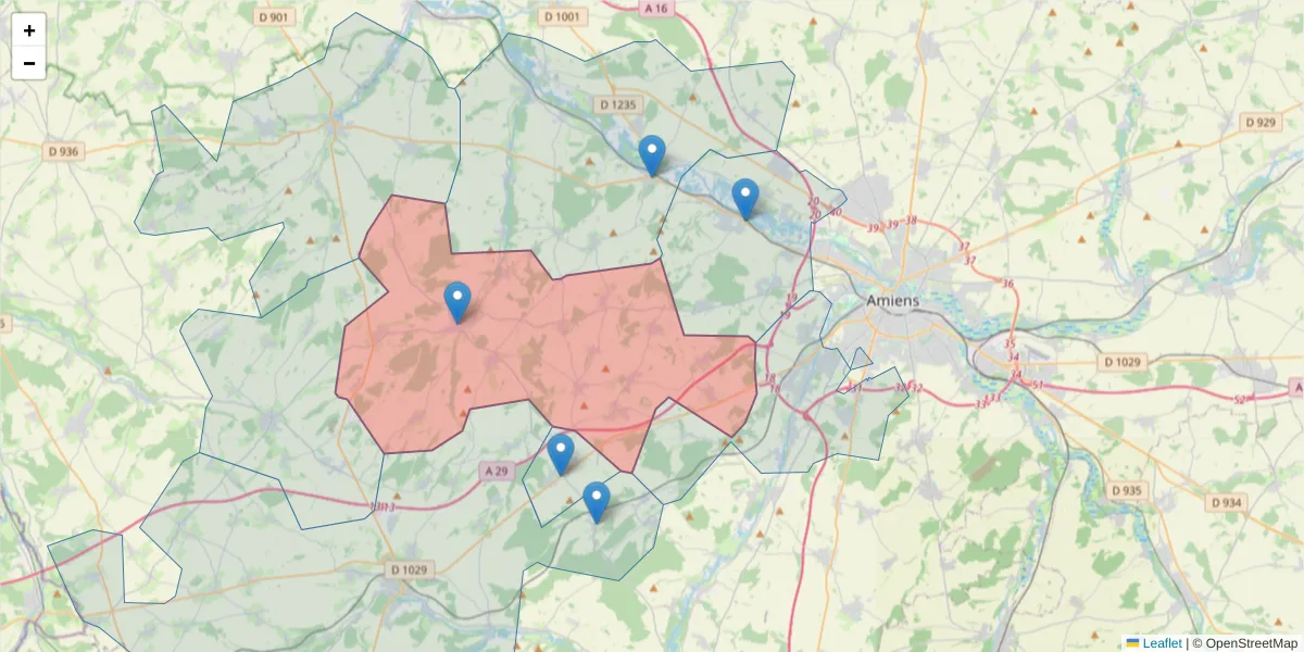 Carte de la zone du code postal  et des codes postaux voisins en France