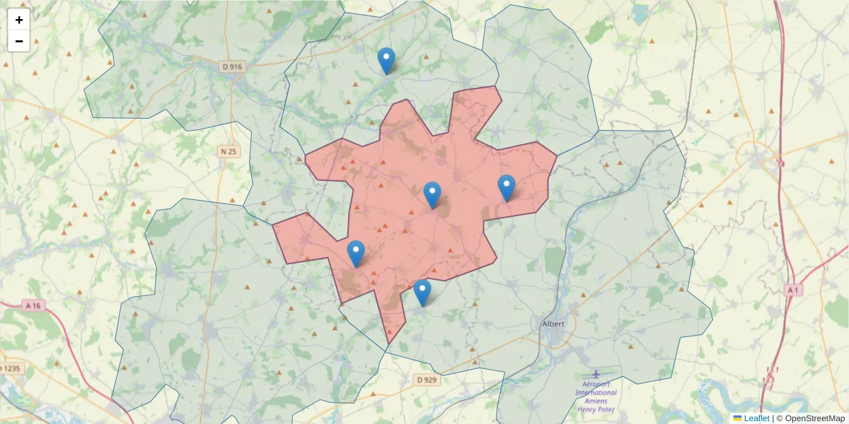 Carte de la zone du code postal  et des codes postaux voisins en France