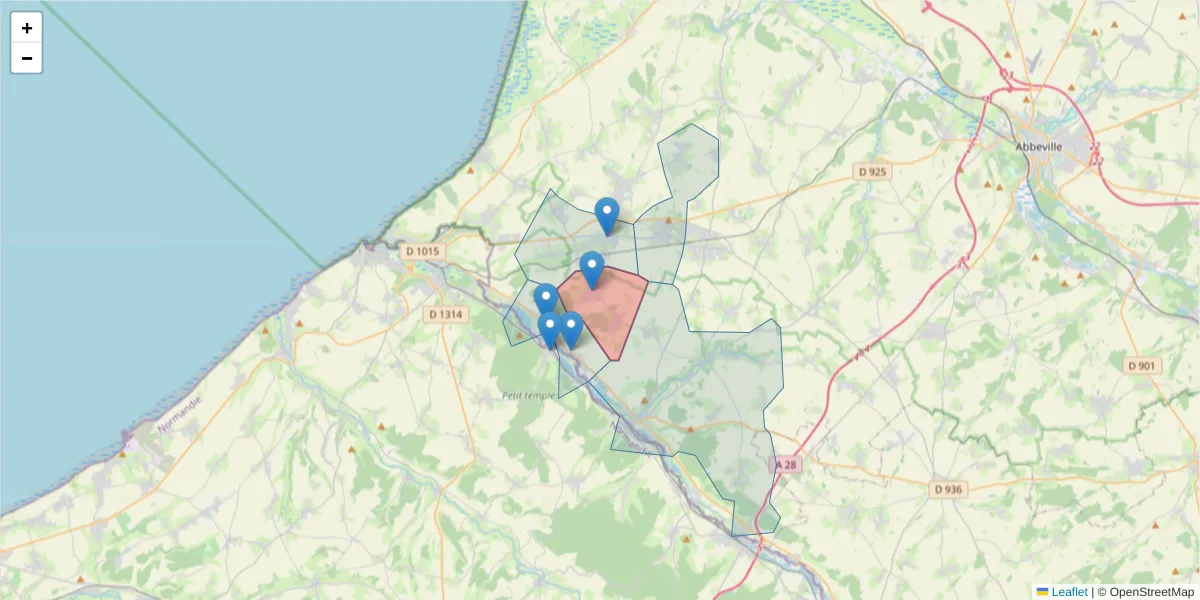 Carte de la zone du code postal  et des codes postaux voisins en France