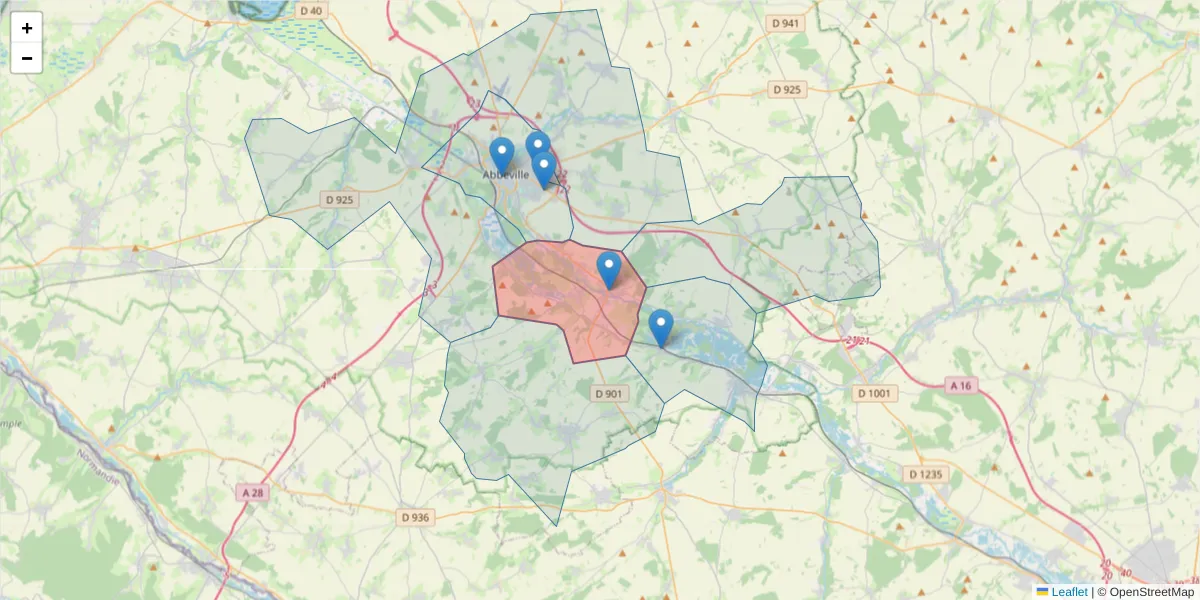 Carte de la zone du code postal  et des codes postaux voisins en France