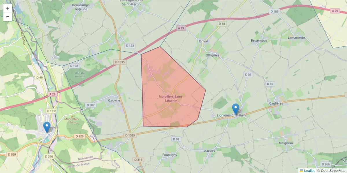 Carte de la zone du code postal  et des codes postaux voisins en France