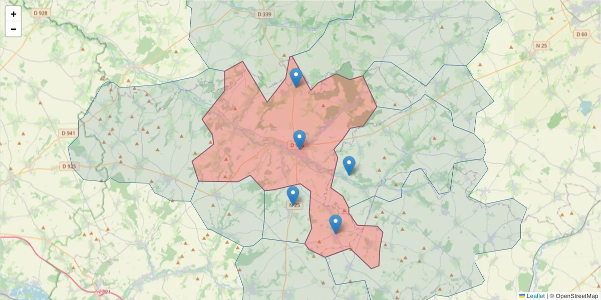 Carte de la zone du code postal  et des codes postaux voisins en France