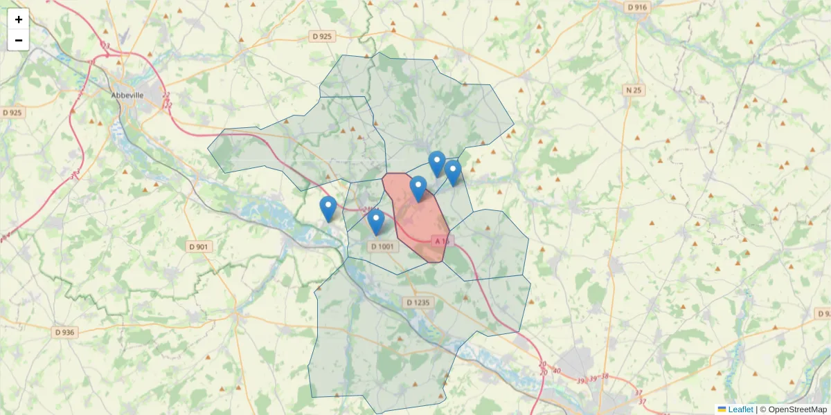 Carte de la zone du code postal  et des codes postaux voisins en France