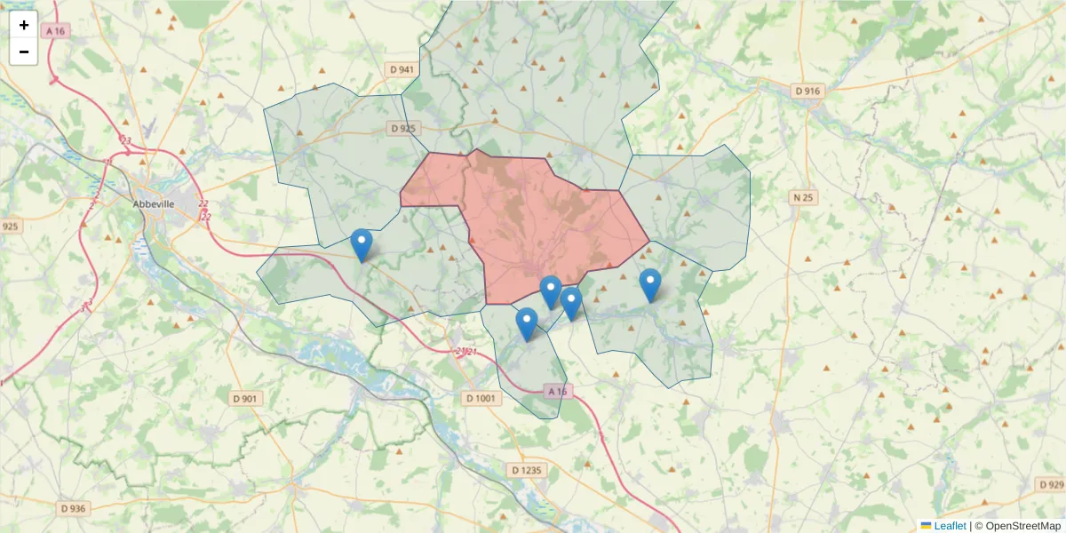 Carte de la zone du code postal  et des codes postaux voisins en France
