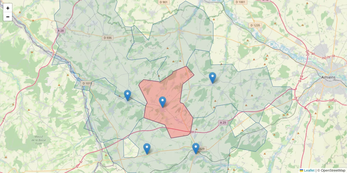 Carte de la zone du code postal  et des codes postaux voisins en France