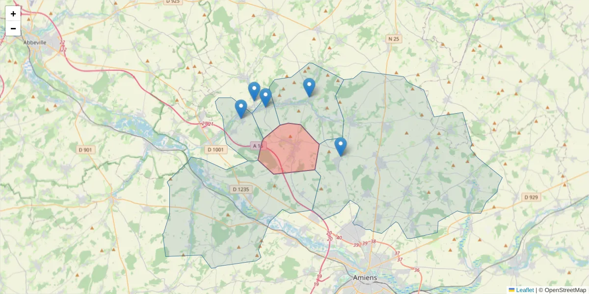 Carte de la zone du code postal  et des codes postaux voisins en France
