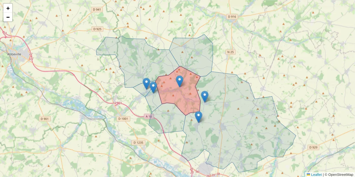 Carte de la zone du code postal  et des codes postaux voisins en France